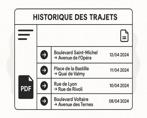 Exemple d'historique des trajets dans l'application Fleetlize