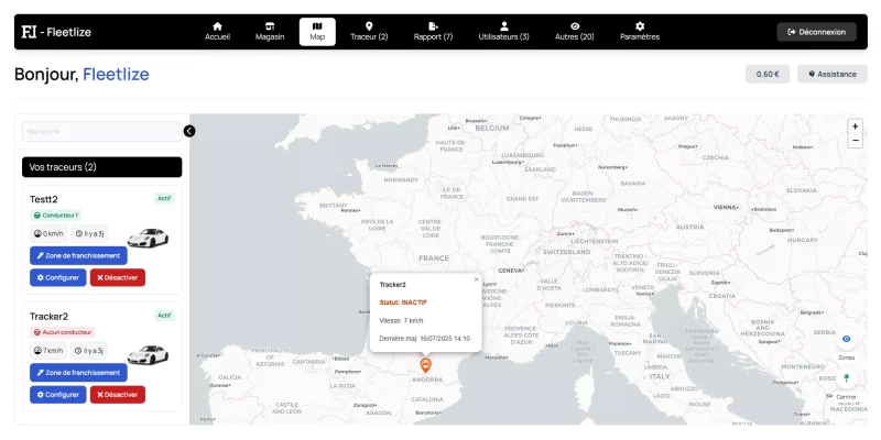 Panel utilisateur liste des traceurs fleetlize