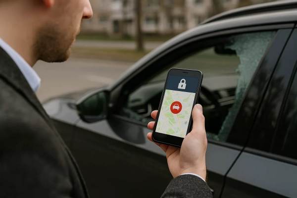 homme sur son application de géocalisation avec en fond une voiture avec une vitre cassée