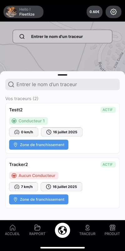 Application mobile fleetlize liste des traceurs