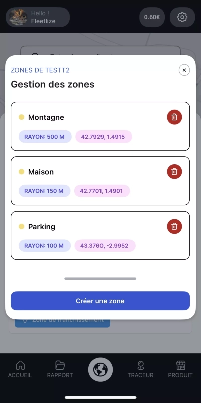 Modal de zone application mobile fleetlize