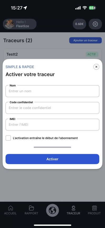 activation traceur via l'application mobile fleetlize